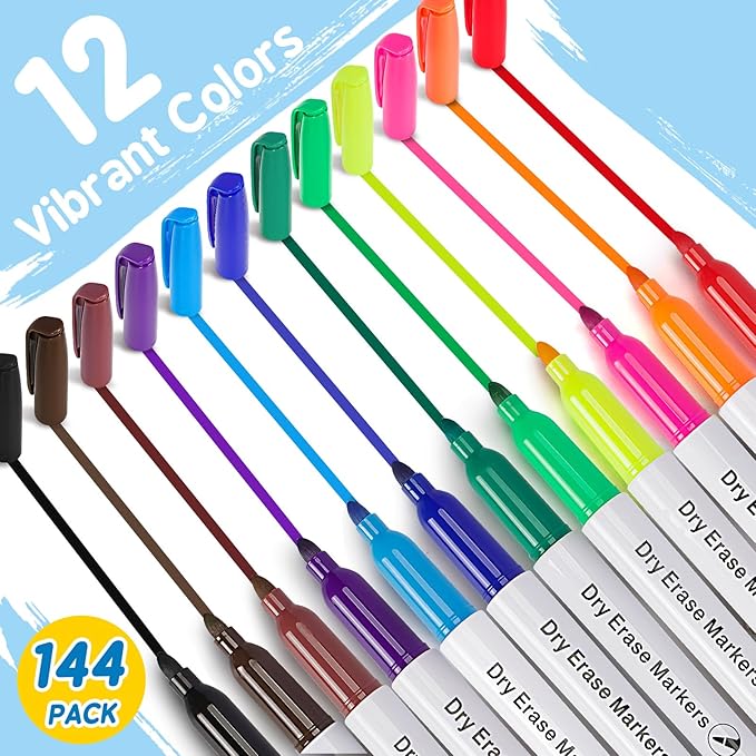 144 Count Dry Erase Markers Bulk, 12 Assorted Colors, Fine Tip Whiteboard Markers for Kids Teachers, Dry Erase Pens Bulk Pack for Classroom Home, Back to School Supplies
