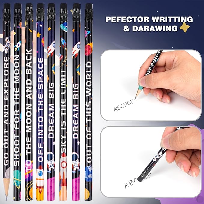 Kolewo4ever 100 Pieces Space Theme Pencils - Fun Astronaut Pencils with Matching Eraser for Classrooms, Student Reward, Space Party Favors