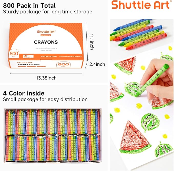 Shuttle Art Crayons Bulk Set - 200 Packs of 4 Assorted Colors (Total 800 Pieces), Non-Toxic Crayons Individual Packs for Party Favors, Restaurants, School Supplies for Teachers