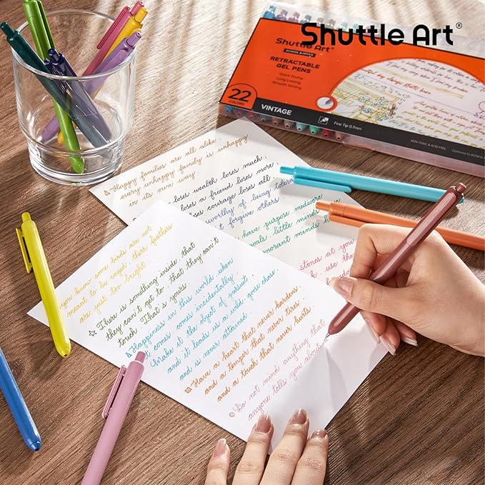 Shuttle Art Colored Retractable Gel Pens, 22 Unique Vintage Ink Colors, 11 Light and 11 Dark Vintage, Cute Pens 0.7mm Point Quick Drying for Writing Drawing Journaling Note Taking School Office Home