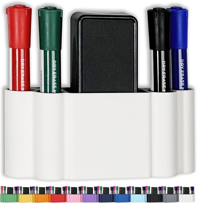 Glassboard Studio Magnetic Dry Erase Marker Holder - Super Strong for Magnetic Glass Whiteboard or Fridge - 2 Large Neodymium Magnets - No Slip Grip - Eco-Friendly PLA Plastic (Snow White)