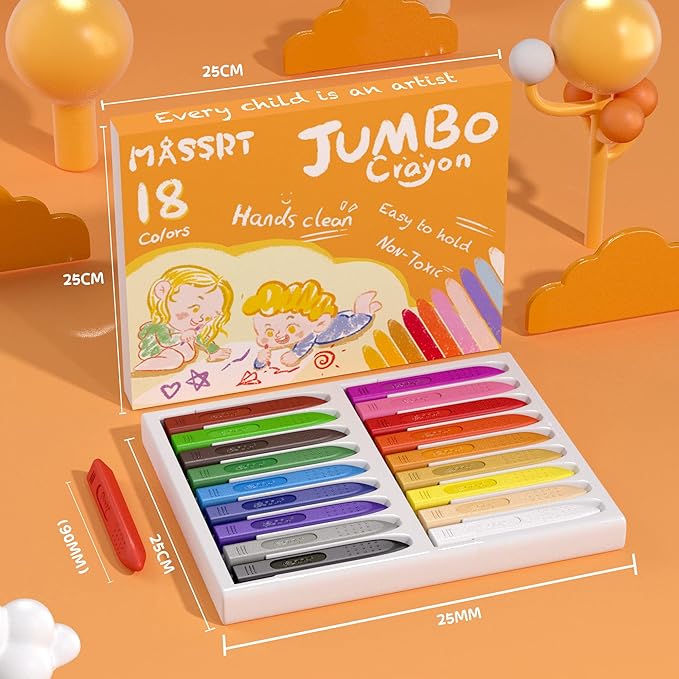 Triangle Jumbo Crayons for Toddlers, 18 Colors Mess Free Unbreakable Crayon Gifts, Easy to Hold Washable Crayons for Kids, Safe Coloring Gifts for Babies and Children