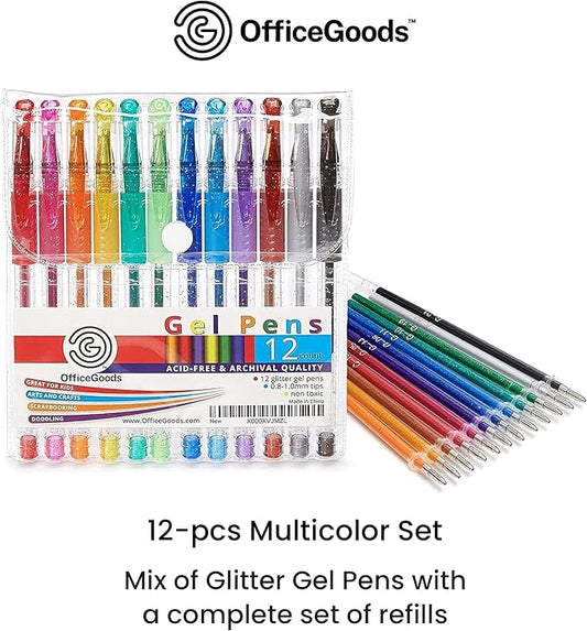 OfficeGoods Multicolor Gel Pens with Refills – Adult Coloring Journaling Art – Medium 0.8-1.0mm Tips – Non-Toxic Gel Pens Set – Quick Dry Smudge-Free 12 Pack Colors