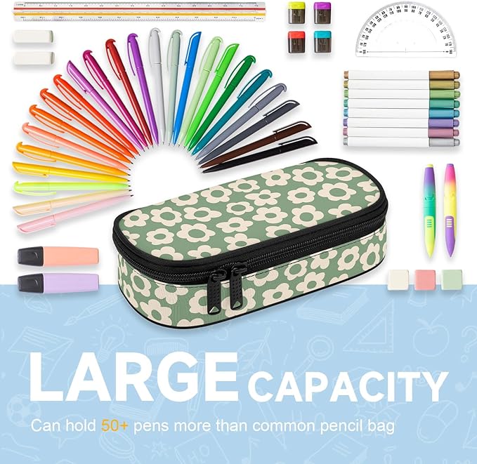 Vintage Groovy Flowers Large Pencil Pouch Big Capacity Cute Pencil Case for Girls Boys Teen Women Men Adult, Portable Kids Pencil Bag with Zipper, Stationery Storage Pen Bag for School Supplies Office