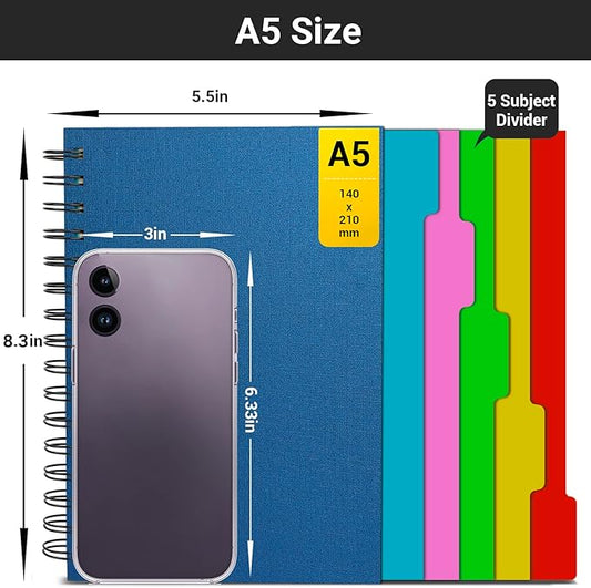 EUSOAR Spiral Notebook College Ruled, 3pcs A5 5.5"x8.3" 5 Subject Writing Pad, Thick Hardcover, 100GSM 120Sheets/ 240Pages of Lined Paper, for School, Home Supplies, Office and Business, Royal Blue
