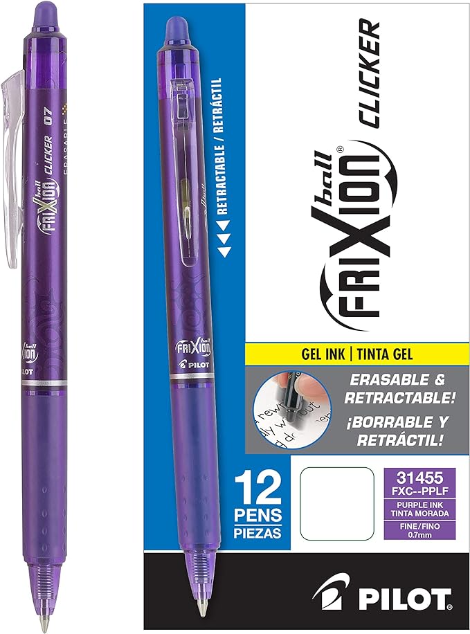 Pilot, FriXion Clicker Erasable Gel Pens, Fine Point 0.7 mm, Pack of 12, Purple