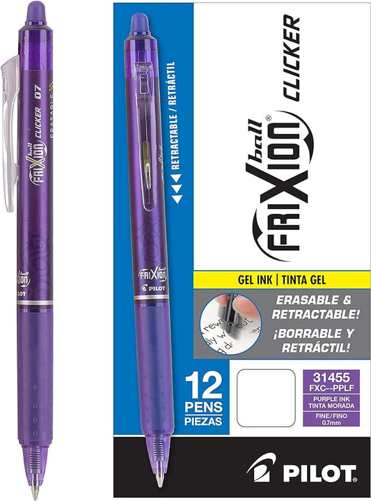 Pilot, FriXion Clicker Erasable Gel Pens, Fine Point 0.7 mm, Pack of 12, Purple