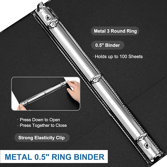 0.5-inch 3-Ring Binder, 1/2 Inch Round Ring Binder with 2 Inside Pockets, 12 Pack Black Binders, Clear View Cover Binders Holds 8.5'' x 11''Paper for Office/Home/Back to School