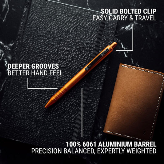 Everyman Taipan Orange Grafton Pen & Ink Bundle, Premium EDC Luxury Writing Utensil with Extra 3-pack of Black Gel Refills (.7mm), Pen with Pocket Clip, Luxury Metal Writing, Gift for Office