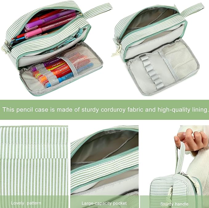 Bluboon Big Capacity Pencil Case Pencil Pouch Pen Case School Supplies Cute Pencil Box Pencil Bag for Teen Girls Boys Women Man (Green White Stripes)