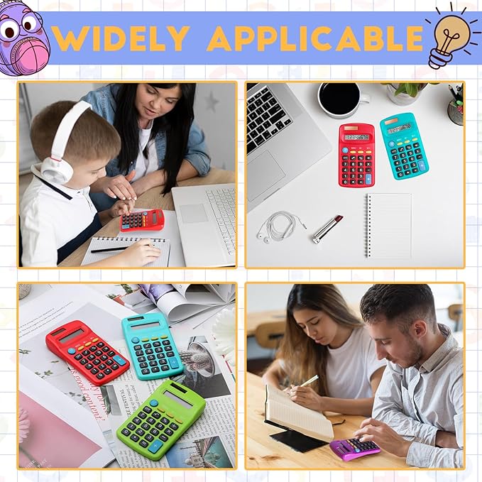36 Packs Pocket Size Mini Calculator Basic Calculators for Handheld Angled Students 8 Digit Display Solar Battery Dual Power Small Calculator for Students Kids Home Office (6 Colors)