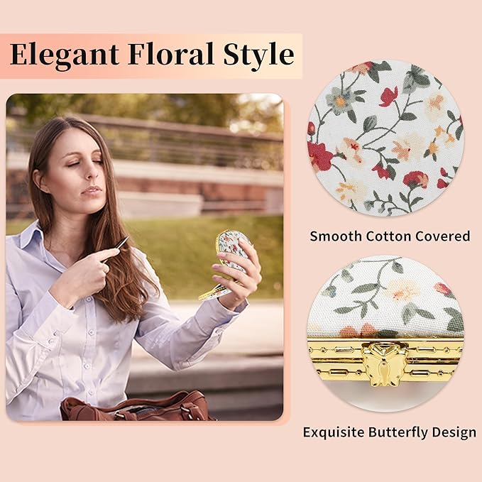 VOCOSTE Compact Mirror for Purses - Flower Pocket Mirror, Oval Mini, Floral Small for Purse, Vintage Folding Travel Portable for Women, White