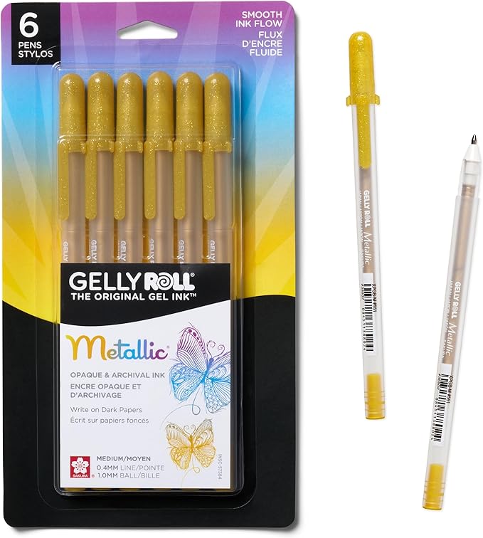 SAKURA Gelly Roll Metallic Gel Pens - Pens for Scrapbook, Journals, or Drawing - Metallic Gold Ink - Medium Line - 6 Pack