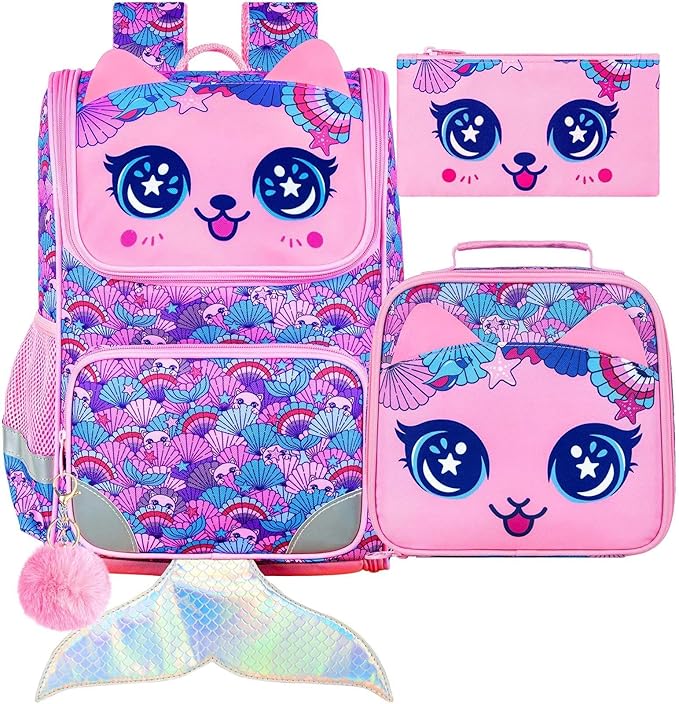 UFNDC 3PCS Girls Bookbag, 15" Sequin Bookbag with Lunch Box, Mermaid School Bag Set for Elementary Preschool Toddler