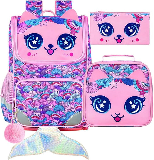 UFNDC 3PCS Girls Bookbag, 15" Sequin Bookbag with Lunch Box, Mermaid School Bag Set for Elementary Preschool Toddler
