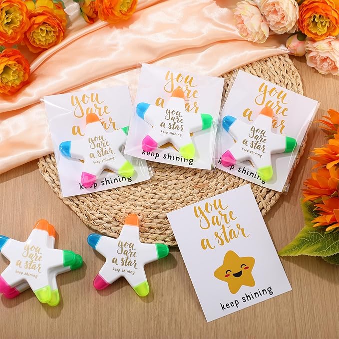 24 Sets Back to School Gifts for Students Star Highlighters with You're a Star Cards Gift Bags 5 in 1 Fluorescent Pens Affirmation Gifts for First Day of School Party Favor (Shining)