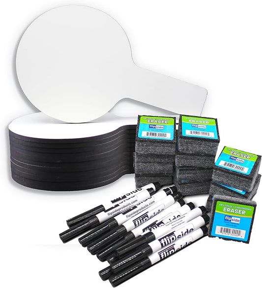 Flipside Products - 5" x 9" Mini Dry Erase Answer Paddles + Black Markers + Erasers - 12 Pack,White