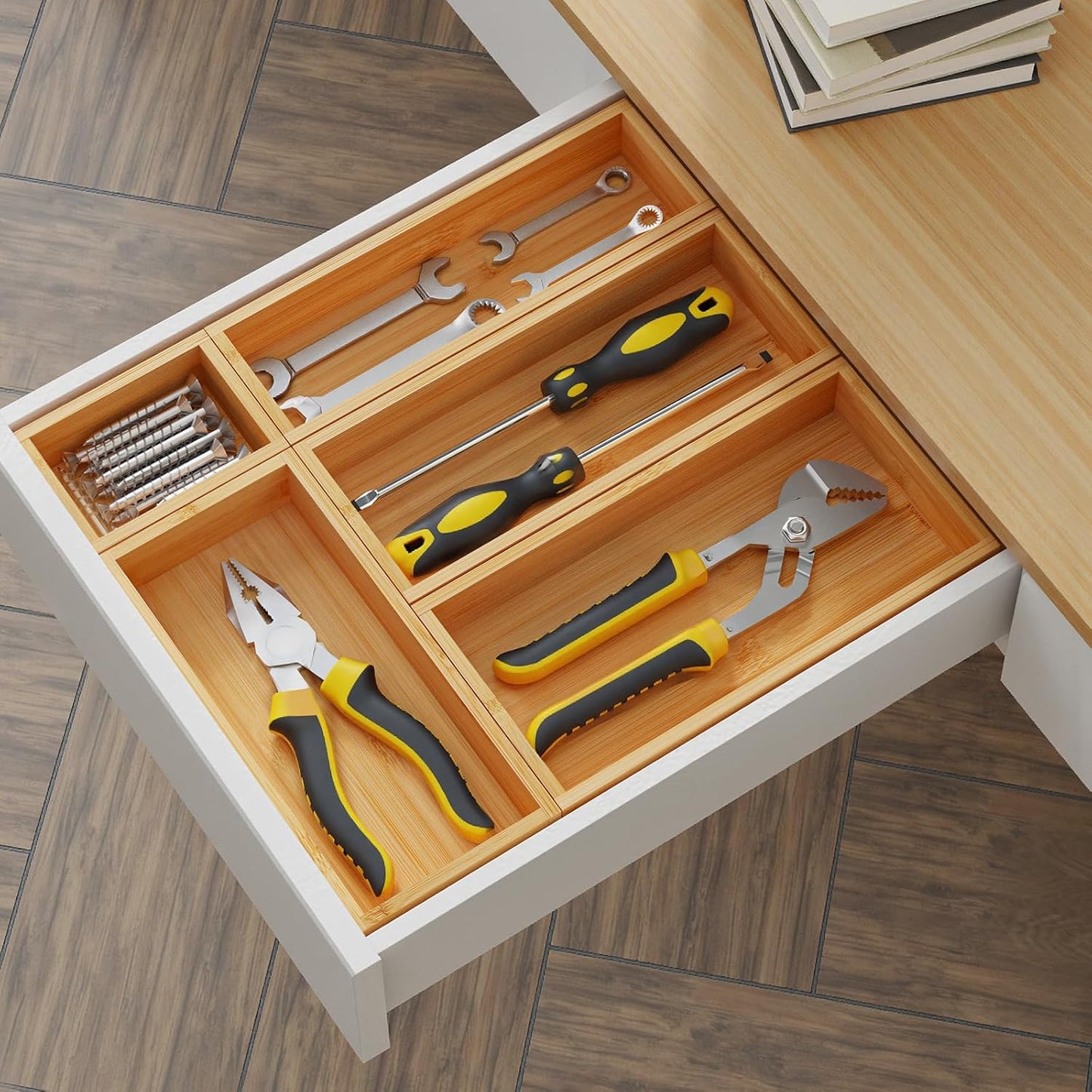 Bamboo Drawer Organizer Set, 5 PCS Wooden Storage Trays for Kitchen, Bathroom, Office, Makeup