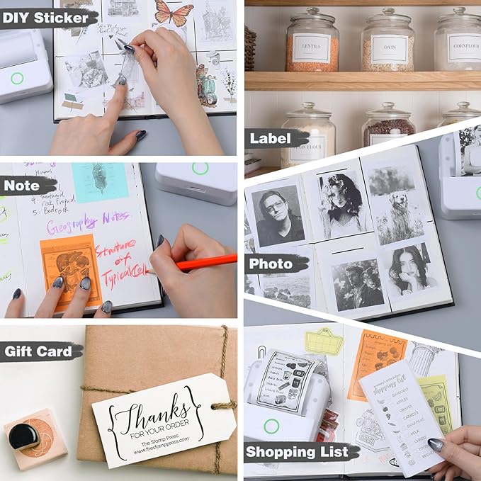 Print Pods Mini Printer, Thermal Inkless Sticker Maker with 10 Rolls Printing Paper, Pocket Printpod for phone, Impresora Portátil for Notes, Flashcards, Journal, DIY, Compatible with iOS & Android