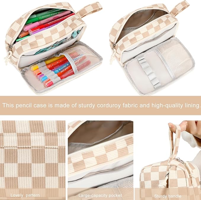 Bluboon Big Capacity Pencil Case Pencil Pouch Pen Case School Supplies Cute Pencil Box Pencil Bag for Teen Girls Boys Women Man (Brown White Checked)