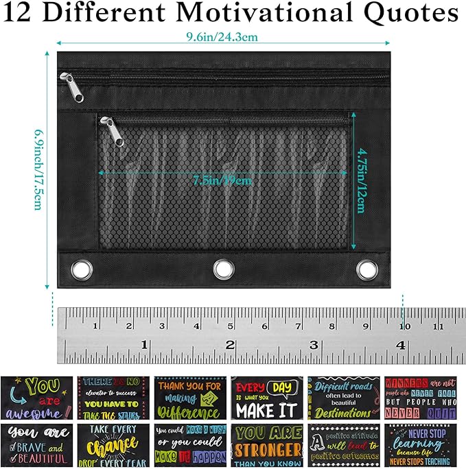 Honoson 36 Pieces Pencil Pouch for 3 Ring Binder Bulk Inspirational Pencil Pouch Double Zip Zipper Pencil Bag for Classroom Binder Cosmetic Bag Pencil Folder Case for School Students Teacher Supplies