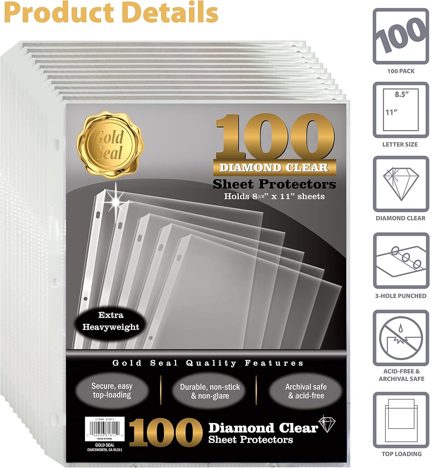 GOLD SEAL 100 Count Diamond Clear Extra Heavyweight Sheet Protectors, 4 mils Strong,8.5 x 11, Top Load, 100 Pack