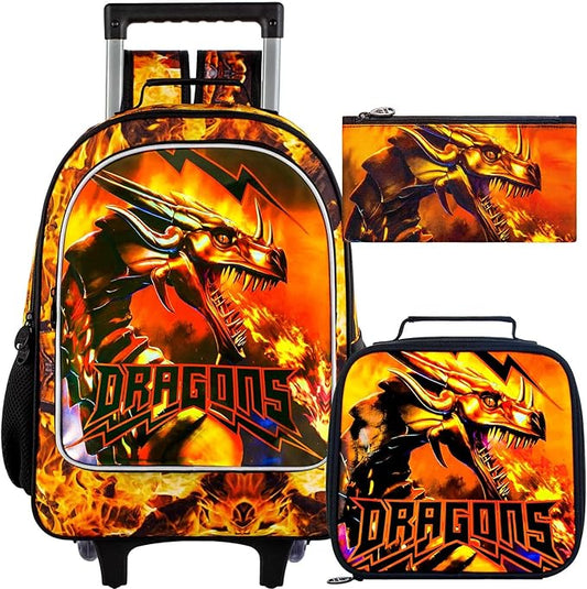 3Pcs Dragon Rolling Backpack for Boys, Kids School Backpacks with Wheels, Roller Bookbag with Lunch Box for Elementary Preschool(Orange)