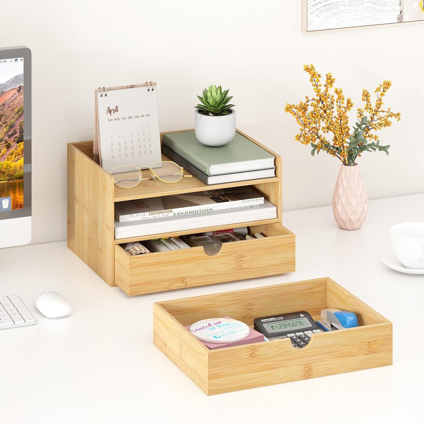 Bamboo Desk Organizer with Drawers Desktop Storage Drawers for Bills Office Supplies Kitchen Utensils Organizing Tool for Home Classroom Organization No Assembly (Nature 2 Drawer)