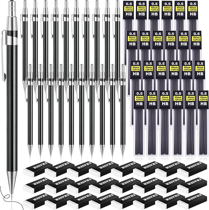 72 Pcs Operation Christmas Items 0.5mm Mechanical Pencils Bulk Set Include Metal Mechanical Pencil HB Lead Refills Erasers for Art Office Classroom Student Writing Drawing(Dark Grey)