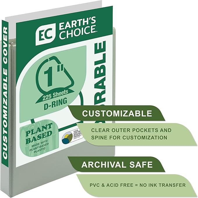 Samsill Plant-Based 1 Inch Durable D-Ring, Made in USA, View Binder, Eco-Friendly, USDA Certified Biobased, 2 Pack, Sage Green