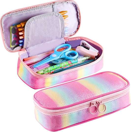 Glitter Rainbow Pencil Case for Girls, Large Capacity Pencil Pouch Pen Bag Organizer with 3 Compartments for Kids Student School Office Supplies, Cute Pencil Holder Pen Box (Glitter Rainbow)