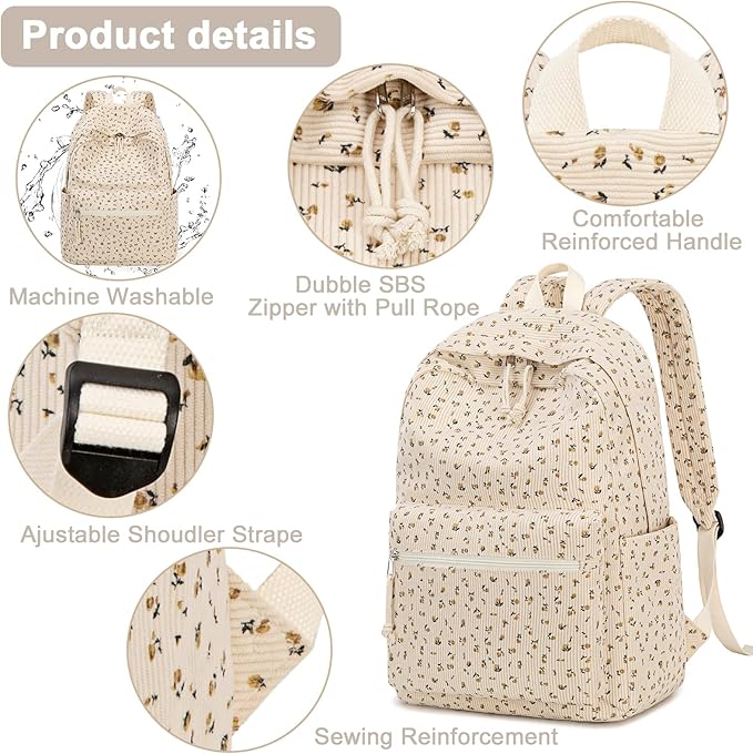 School Backpack for Teens Large Corduroy Bookbag Lightweight 15.6 inch Laptop Bag for Girls Women Casual High School College