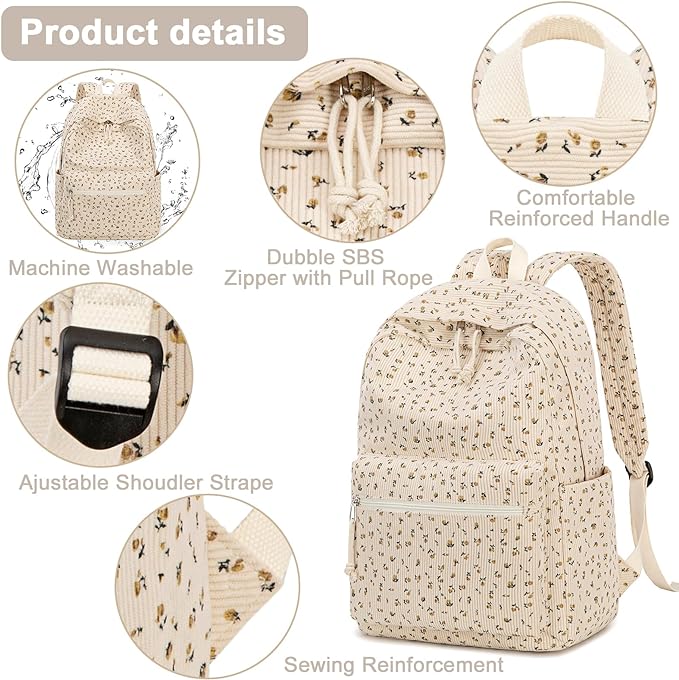 School Backpack for Teens Large Corduroy Bookbag Lightweight 15.6 inch Laptop Bag for Girls Women Casual High School College