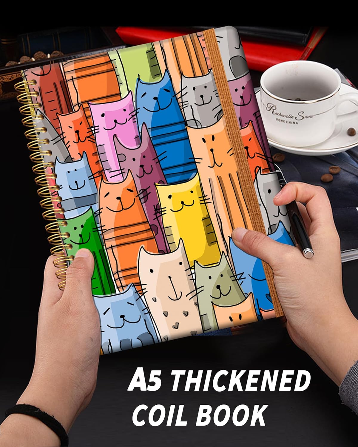 Ruled Spiral Writing Notebook,A5 Hardcover Lined College Journal for Women Lady,Fashion Puppy Watercolor Strong Twin-Wire Binding with Premium Paper,8.4" X 6",Perfect for School,Office,Home Gifts(Funny Cats)