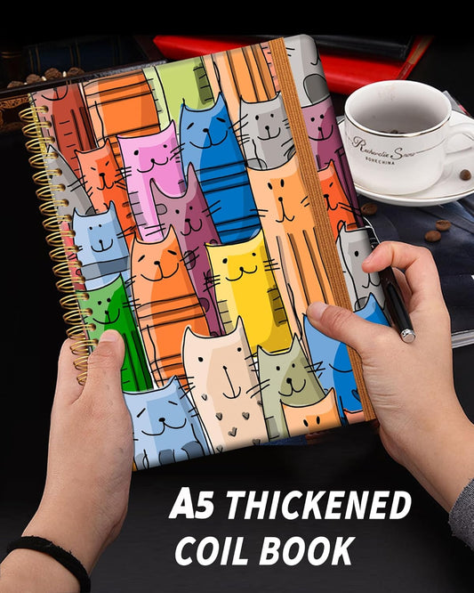 Ruled Spiral Writing Notebook,A5 Hardcover Lined College Journal for Women Lady,Fashion Puppy Watercolor Strong Twin-Wire Binding with Premium Paper,8.4" X 6",Perfect for School,Office,Home Gifts(Funny Cats)