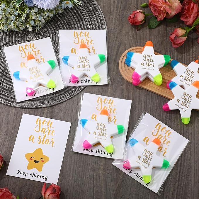 24 Sets Back to School Gifts for Students Star Highlighters with You're a Star Cards Gift Bags 5 in 1 Fluorescent Pens Affirmation Gifts for First Day of School Party Favor (Shining)