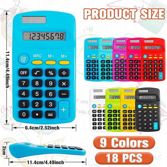 18 Pack Pocket Size Mini Calculator, Solar Battery Dual Power, 8 Digit Display Basic Calculator, Multicolor