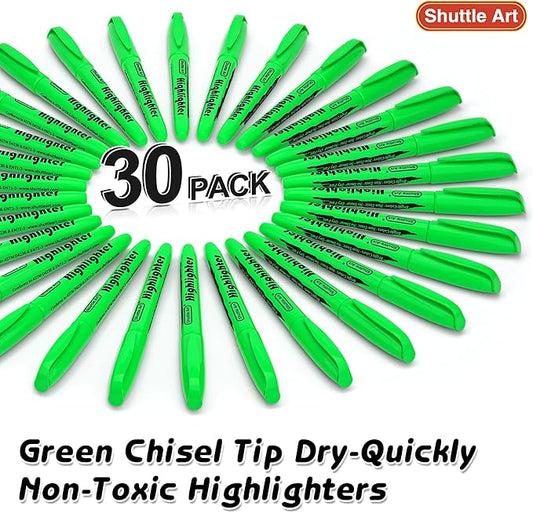Shuttle Art Highlighters, 30 Pack Green Highlighters Bright Colors, Chisel Tip Dry-Quickly Non-Toxic Highlighter Markers for Adults Kids Highlighting in Home School Office
