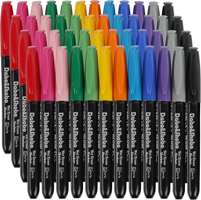 Dabo&Shobo Wet Erase Markers, 48-Count Smudge-Free, 12 Colors Fine Tip, Erases with Water! Low Odor Markers for Office, School & Home