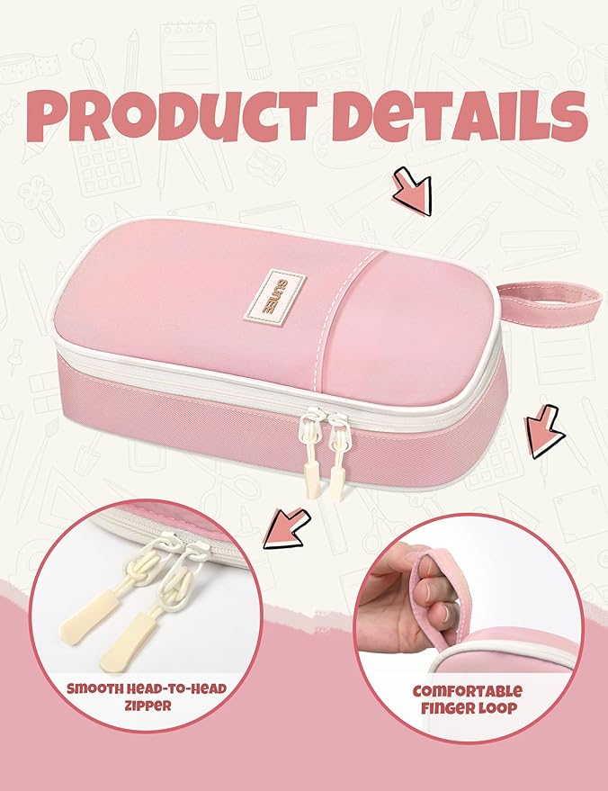 SUNEE Cute Pencil Case, Aesthetic Pen Pouch, Colored Large Pencil Bag with Zipper, Kawaii Stationery Storage and Organizer, Pink School Supplies for Teen and Adult Girls