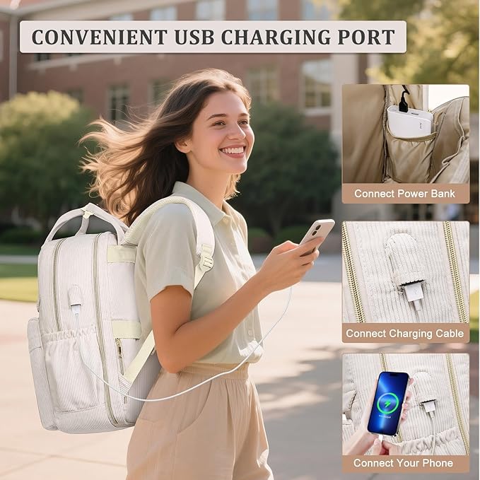 School Backpack for Girls Laptop Bookbag: Casual Corduroy Women Backpacks with USB Charging Port TSA Friendly Travel Back Pack with Anti-Theft Pockets Cute College Daypack for Teen Students Lady Beige