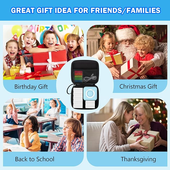 Blue Mini Pocket Printer with Black Case, Thermal Printers with 10 Rolls Thermal Paper, Portable Photo Printer for Travelling, Journal, Memo, Photo, Study Notes, Shopping Lists