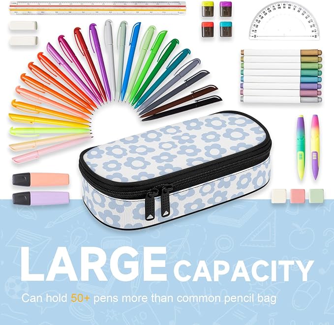 Blue Retro Floral Large Pencil Pouch Big Capacity Cute Pencil Case for Girls Boys Teen Women Men Adult, Portable Kids Pencil Bag with Zipper,Stationery Storage Pen Bag for School Office Organizer