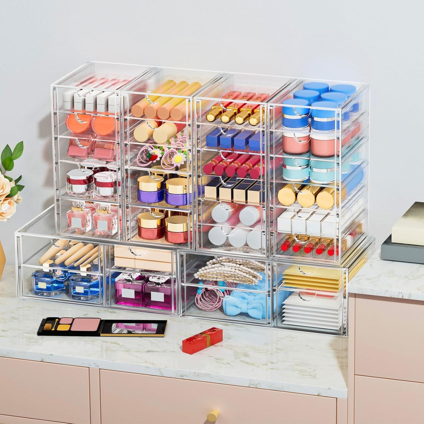 Makeup Organizer Storage With 30 Drawers, 6 Pack Desktop Office Supplies, Desk Organizers, Clear Desk Accessories, Dustproof Drawer Organizer and Storage for Make Up, Jewelry, Pen, Desktop Stationary