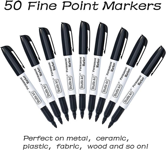Shuttle Art Permanent Markers, 50 Pack Black Permanent Marker set,Fine Point, Works on Plastic,Wood,Stone,Metal and Glass for Doodling, Marking