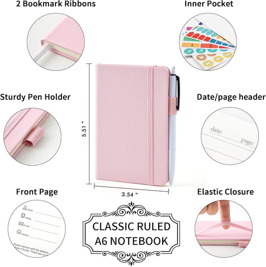 feela 3 Pack Pocket Small Notebook Journals, Mini Cute Memo Notepad Hardcover College Ruled Lined Journals with Pen Holder for Women Girls Office School, with 3 Black Pens, 3.5”x 5.5”, A6, Rose Pink