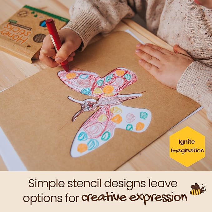 Honeysticks Kids Activity Set - 6 Large Stencils for Kids Plus Jumbo Non-Toxic Beeswax Crayons (8pk), Perfect First Stencils for Toddlers Preschool Art, Drawing and Coloring, Ideal Gifts for 3-5