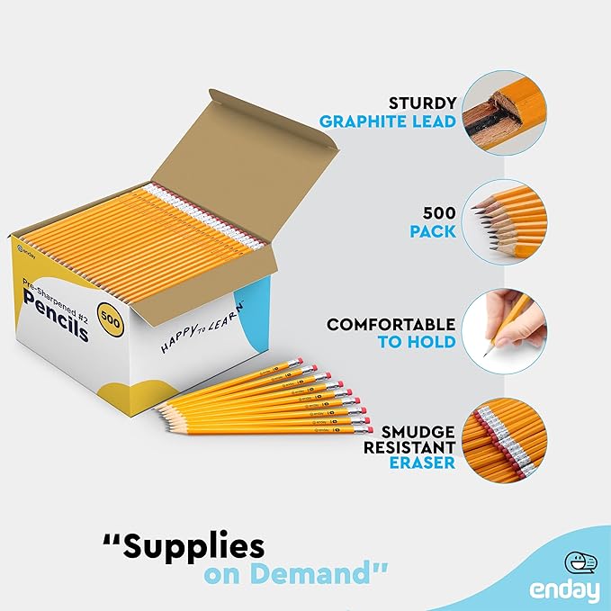 Enday #2 Pencils Bulk - 500 Pack - Pre-sharpened pencils #2 Wood-Cased Yellow Sharpened Pencils for Kids with Latex-Free Eraser Top for Office and Classroom Supplies.