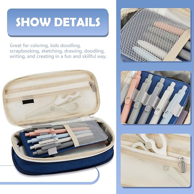 Henoyso 18 Set Aesthetic Bible Study Supplies Include Big Capacity Pen Bag with Zipper 12 Pcs Chisel Tip Bible Highlighters 5 Pcs Quick Dry Retractable Black Ink Pens for Office(Navy Blue)