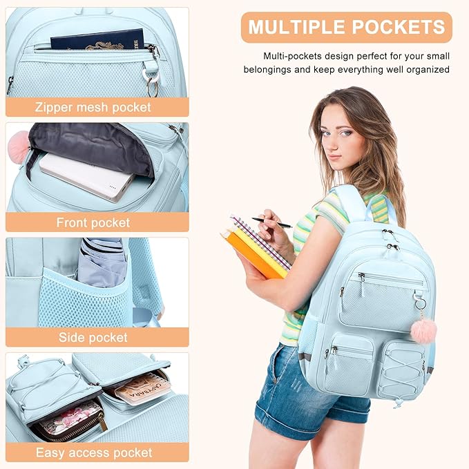 School Backpack for Teen Girls, Cute College Back Pack for Women, Kids Backpack for Girls, Middle Students School BookBag, 15.6 Inch Laptop Bag Travel Back Pack, Light Blue